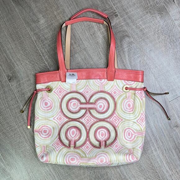 NWT COACH Pink Khaki Multi 17044 Audrey Op Art Leigh Slim Tote